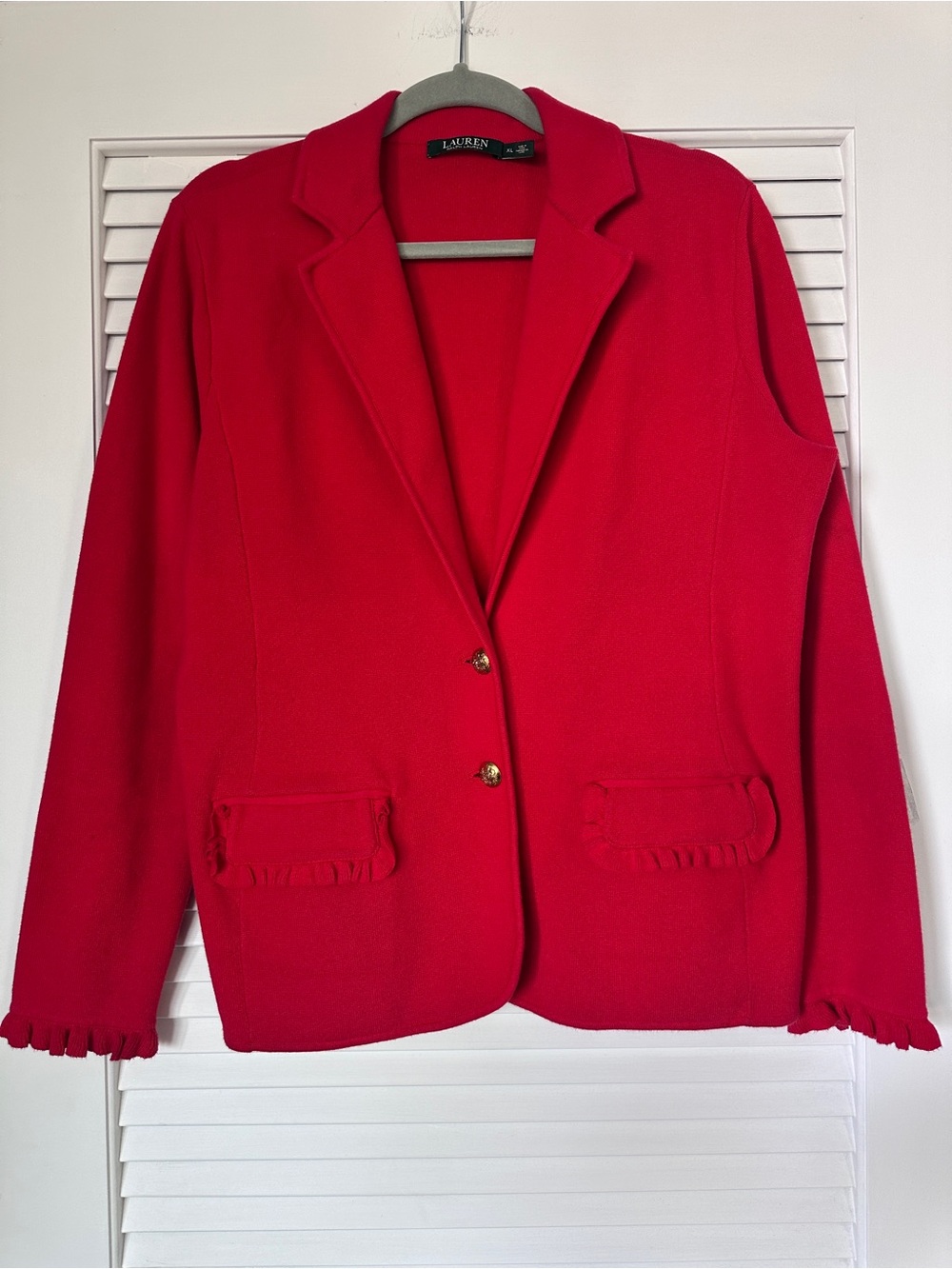 Lauren Ralph Lauren Willa Red Knit Cardigan Blazer XL Gold Buttons Ruffle Preppy